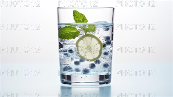 A clear glass of water filled with ice cubes