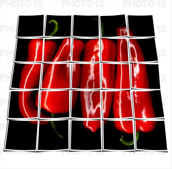 Red paprika or paprica on black background collage composition of multiple images over white