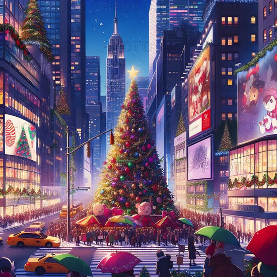 Christmas tree with bright golden sparkling garland on christmas tree in the cuty of New York. New Year atmosphere. Holidays and New Year concept. AI Generated