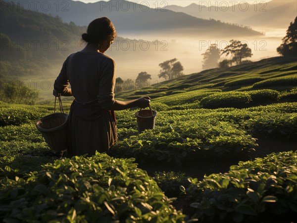 An Indian woman in traditional clothing picking tea on a tea plantation