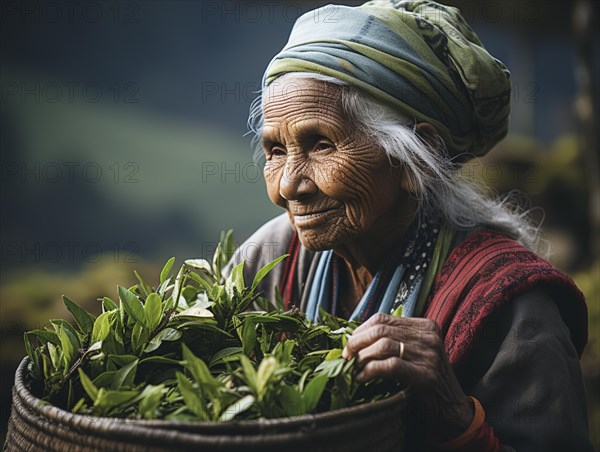 An Indian woman in traditional clothing picking tea on a tea plantation