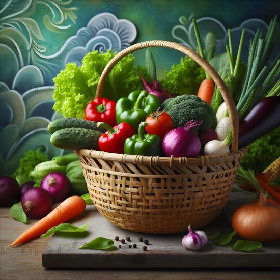 Assorted organic vegetables in a bamboo made basket. AI generated