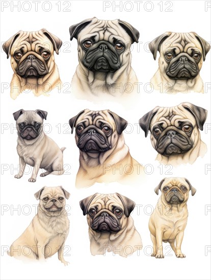 A collage of illustrated pug dogs showcasing various cute expressions Ai generated