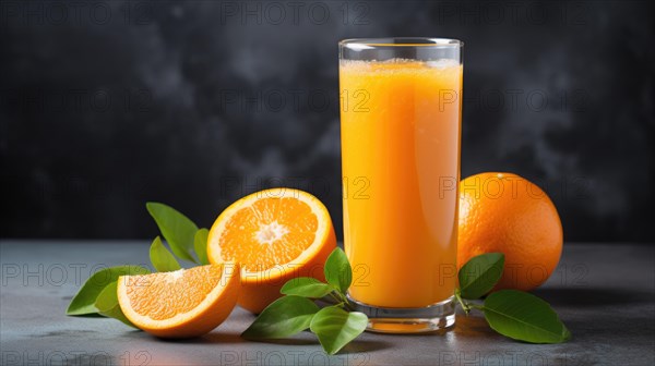 Glass of fresh orange juice with green basil leaves and oranges on dark background Ai generated