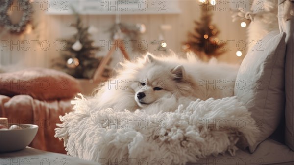 Pomeranian Spitz dog with wool blanket on sofa at home Ai generated