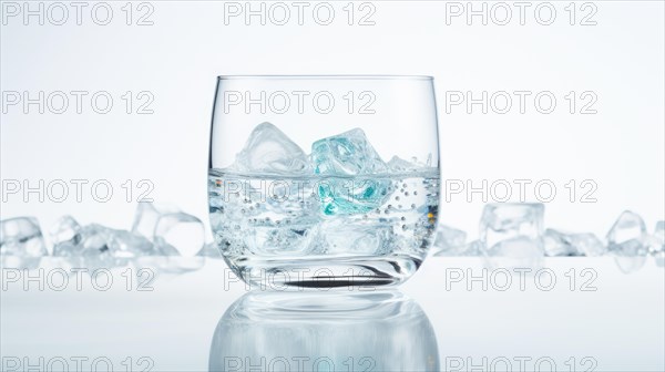 A glass half-filled with water and ice cubes