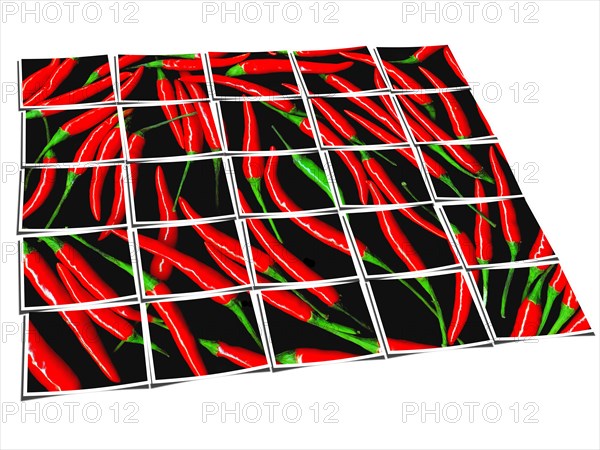 Red chili peppers on black background collage composition of multiple images over white
