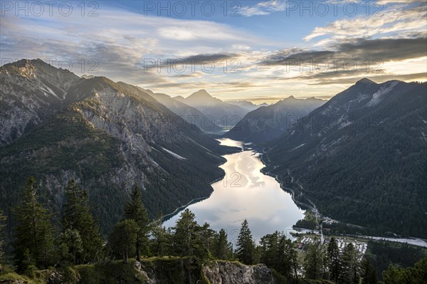 View of the Plansee lake from Schoenjoechl at sunset