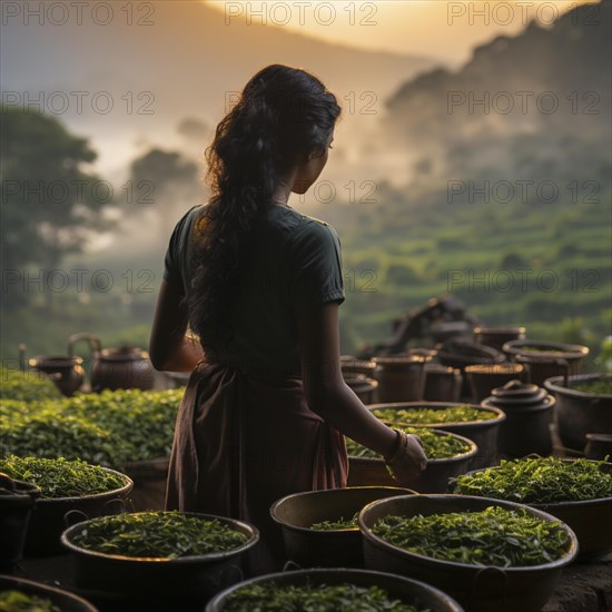 An Indian woman in traditional clothing picking tea on a tea plantation