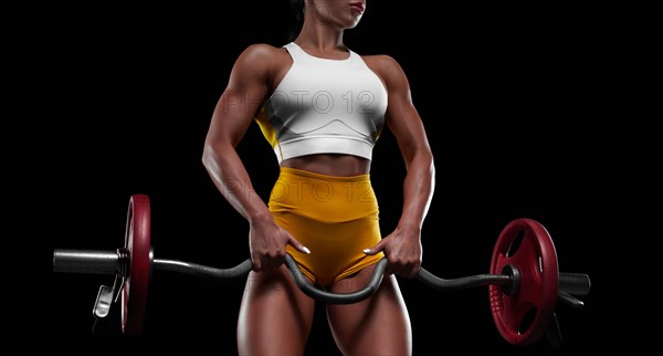 Fitness girl doing exercises with a barbell in the gym. Bodybuilding concept. Mixed media