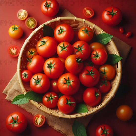 Organic vegetable tomatoes in a bamboo made basket. AI generated