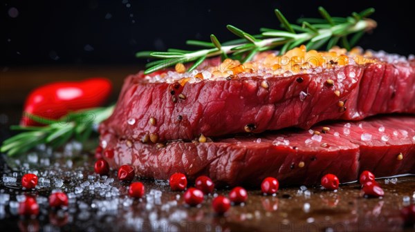 Raw beef steak with spices on a black background. Selective focus Ai generated