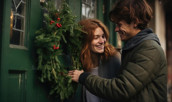 Young couple smiling together near home door decorated with mistletoe. Christmas holidays Ai generated