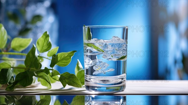 A refreshing glass of water with ice cubes on a table