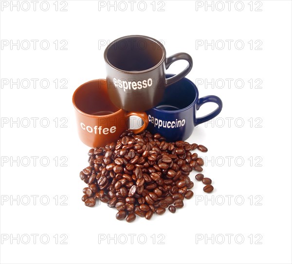 Coffee espresso cappuccino cups with coffee beans isolated on white background