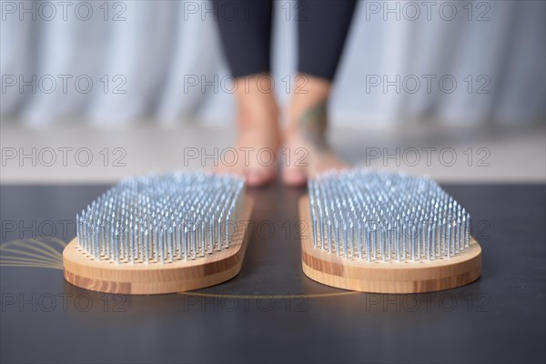 Image board of Sadhu and female legs. Yoga concept. Spiritual practices. Nailing. Mixed media