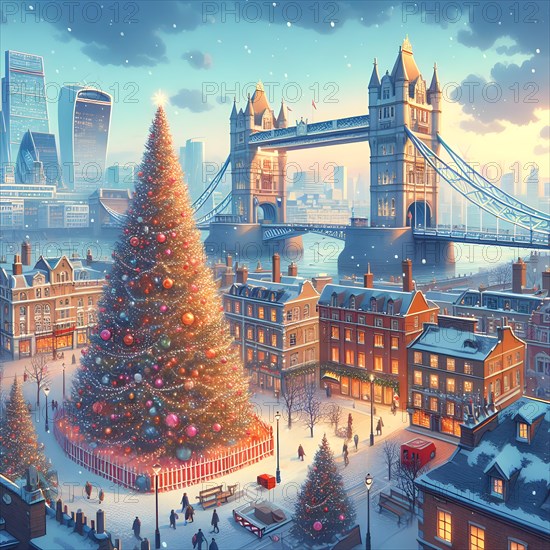 Christmas tree with bright golden sparkling garland on christmas tree in the cuty of London. New Year atmosphere. Holidays and New Year concept. AI Generated