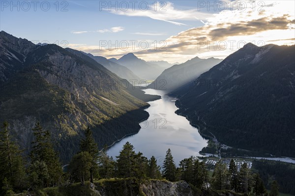 View of the Plansee lake from Schoenjoechl at sunset