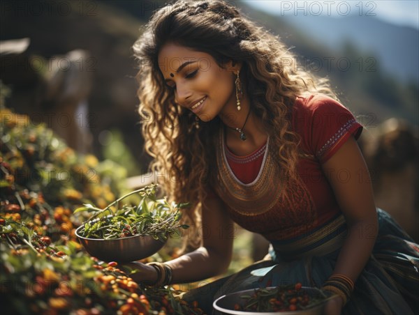 An Indian woman in traditional clothing picking tea on a tea plantation