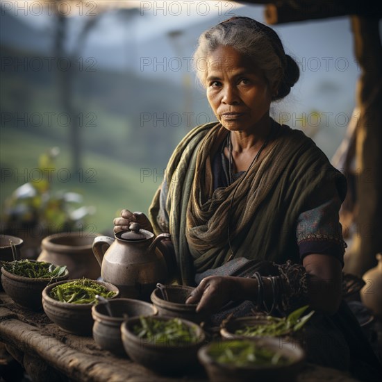 An Indian woman in traditional clothing picking tea on a tea plantation