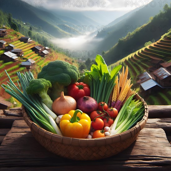 Assorted organic vegetables in a bamboo made basket. AI generated