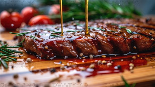 Slices of grilled beef steak on a cutting board with vegetables. Ai generated