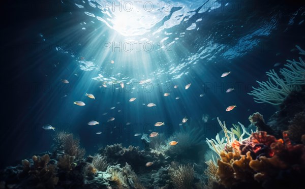 Underwater view of coral reef with sun rays shining through water surface Ai generated