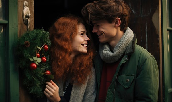 Young couple smiling together near home door decorated with mistletoe. Christmas holidays Ai generated