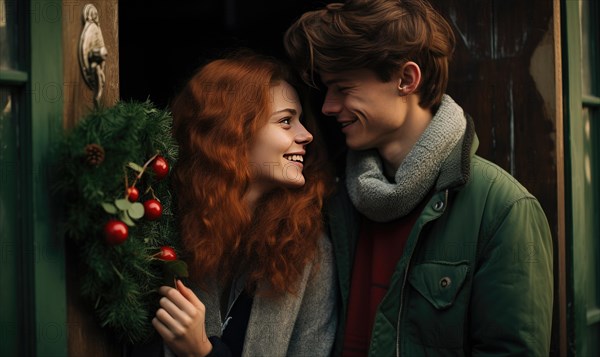 Young couple smiling together near home door decorated with mistletoe. Christmas holidays Ai generated