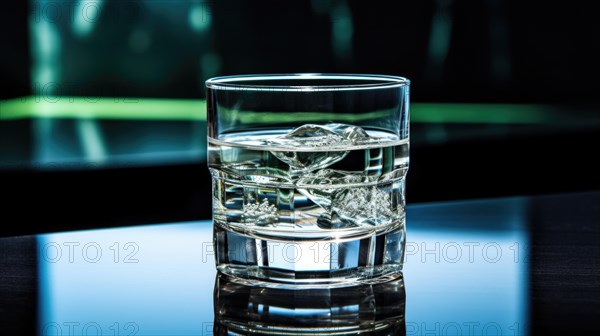 A clear glass filled with water on a reflective surface