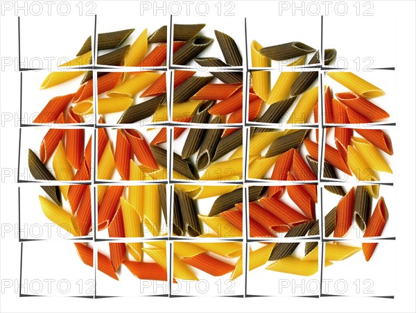 Penne italian pasta on white background collage composition of multiple images over white