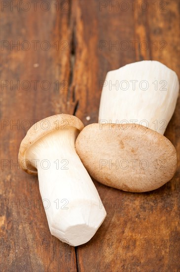 Bunch of fresh wild mushrooms on a rustic wood table