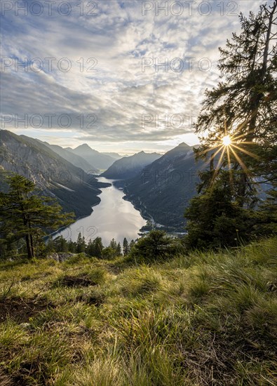 View of the Plansee lake from Schoenjoechl at sunset