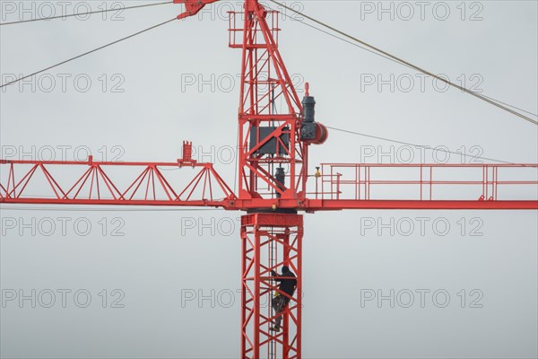 Professional crane operator inspecting the crane at high altitude
