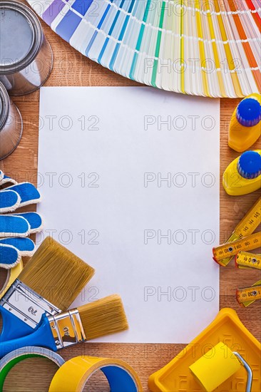 Home improvement colour tools and pantone fan on blank paper maintenance concept