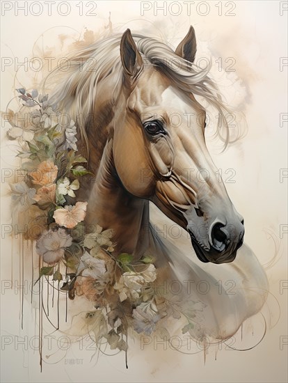 An elegant painting of a horse with flowers in beige