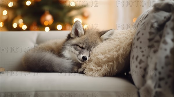 Cute little fox sleeping on sofa in room with Christmas tree and lights