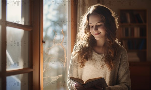 Beautiful woman stand near the window and read a book Ai generated
