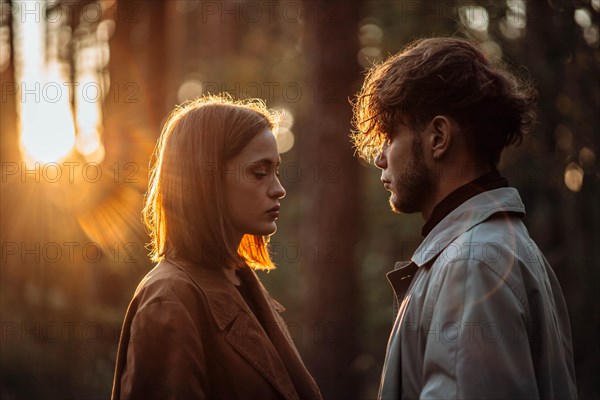 Beautiful fashionable couple in love in the forest at sunset in autumn