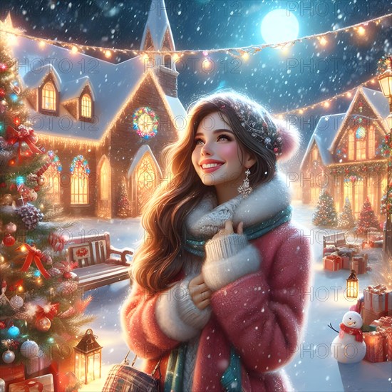 Portrait of a young cheerful woman with red lips and curly hair in a knitted sweater smiles and holding a red Christmas ball covering her eyes with it against the background of a Christmas decorated Christmas tree at a holiday in December. AI Generated