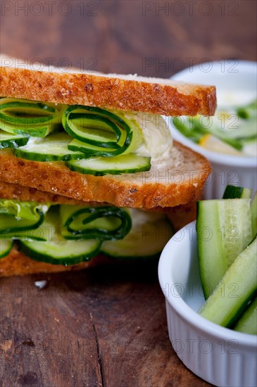 Fresh vegetarian sandwich with garlic cheese dip salad on rustic table