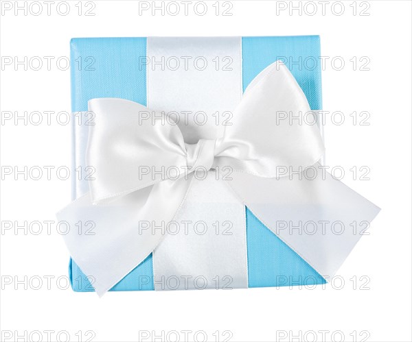 Blue gift box with white ribbon view from the top isolated