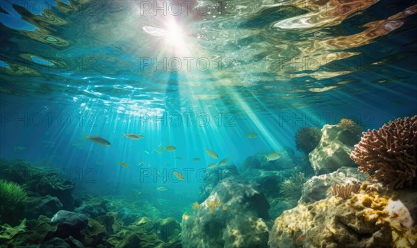 Underwater view of coral reef with sun rays shining through water surface