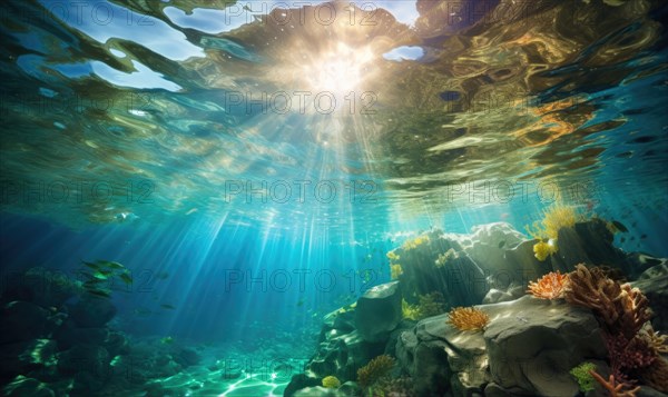 Underwater view of coral reef with sun rays shining through water surface Ai generated