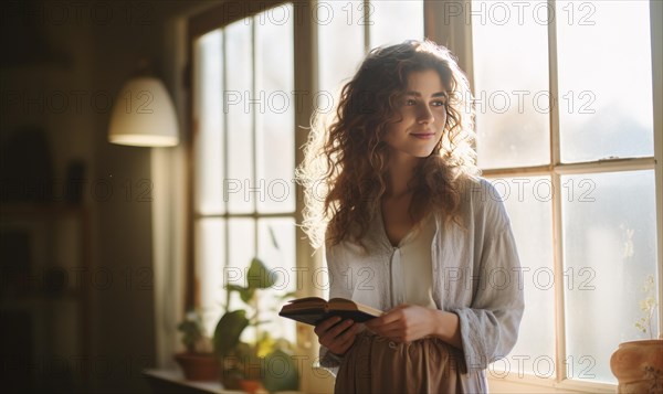 Beautiful woman stand near the window and read a book Ai generated