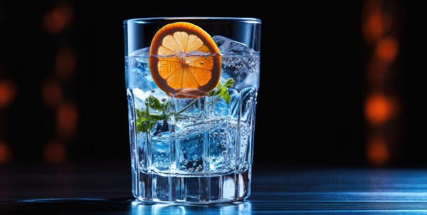 A glass of gin and tonic with ice cubes and a slice of orange on a bar counter with bokeh lights Ai generated