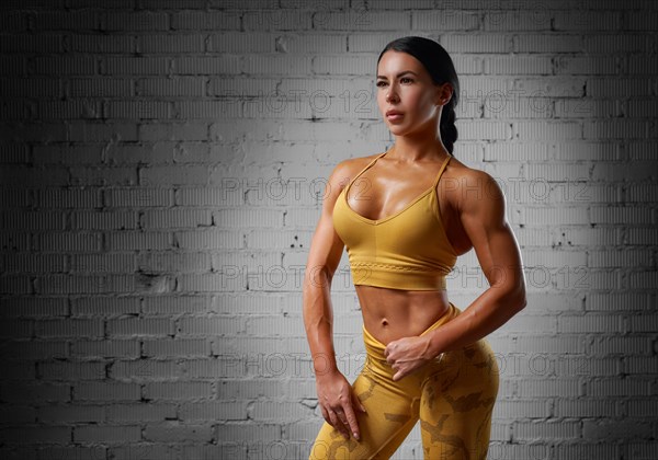 Sexy fitness woman. A beautiful athletic girl posing in the studio in a yellow training suit against the background of a brick wall. Sports and fitness concept