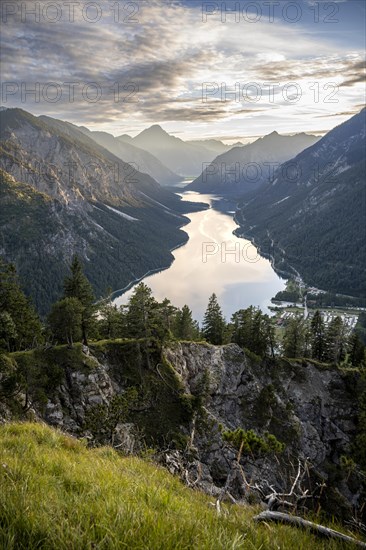 View of the Plansee lake from Schoenjoechl at sunset