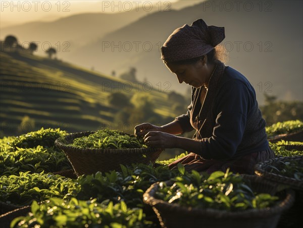 An Indian woman in traditional clothing picking tea on a tea plantation