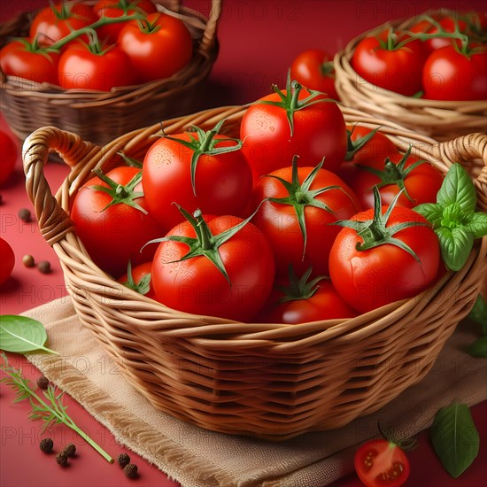 Organic vegetable tomatoes in a bamboo made basket. AI generated